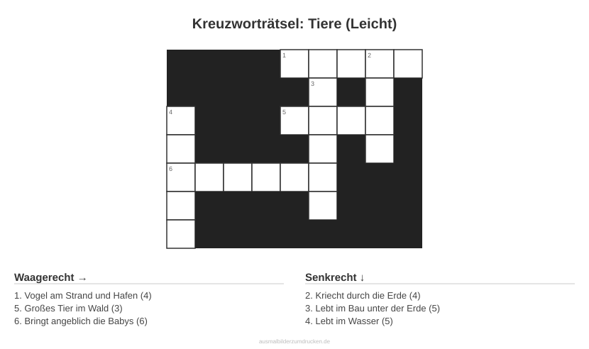 Kreuzworträtsel Kreuzworträtsel: Tiere (Leicht) aus der Kategorie Tiere - kostenlos ausdrucken