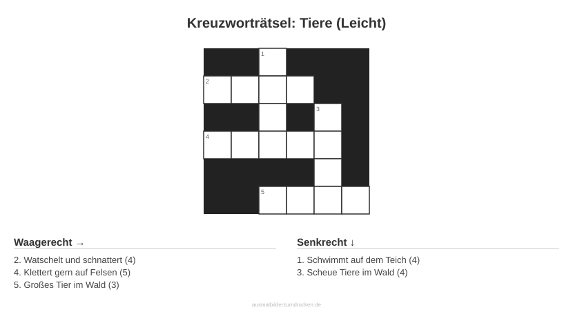 Kreuzworträtsel Kreuzworträtsel: Tiere (Leicht) aus der Kategorie Tiere - kostenlos ausdrucken