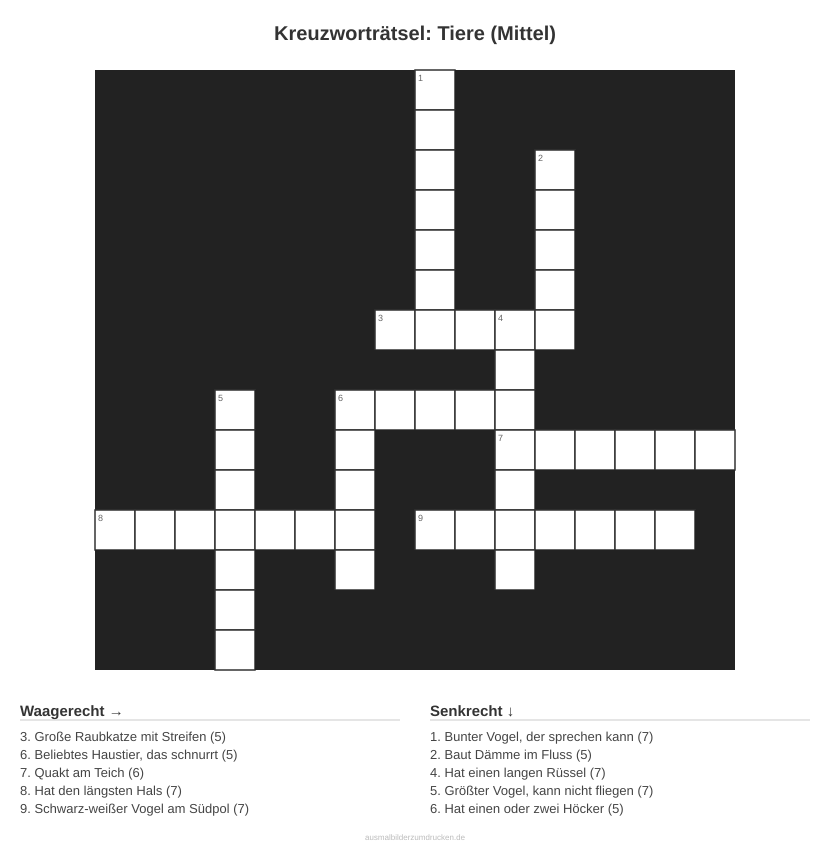 Kreuzworträtsel Kreuzworträtsel: Tiere (Mittel) aus der Kategorie Tiere - kostenlos ausdrucken