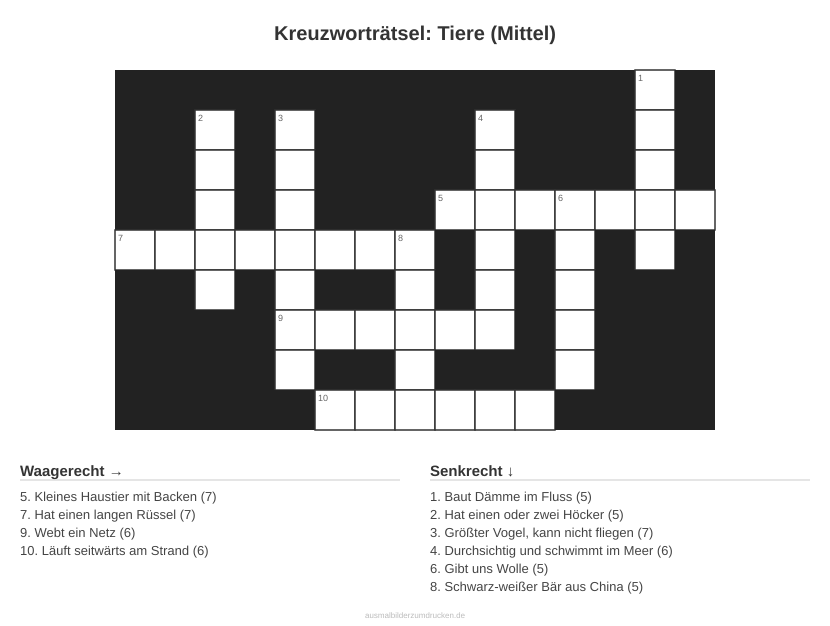Kreuzworträtsel Kreuzworträtsel: Tiere (Mittel) aus der Kategorie Tiere - kostenlos ausdrucken
