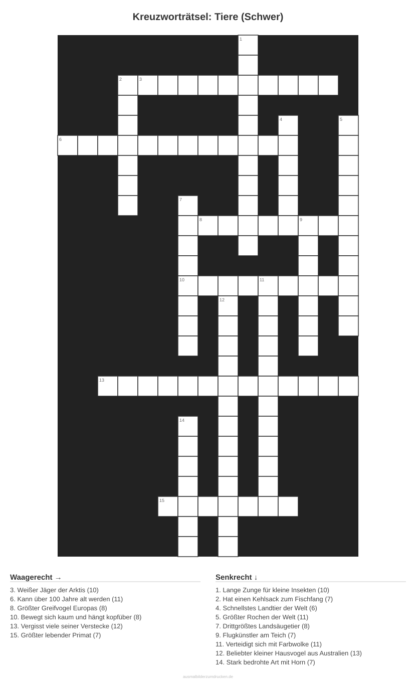 Kreuzworträtsel Kreuzworträtsel: Tiere (Schwer) aus der Kategorie Tiere - kostenlos ausdrucken
