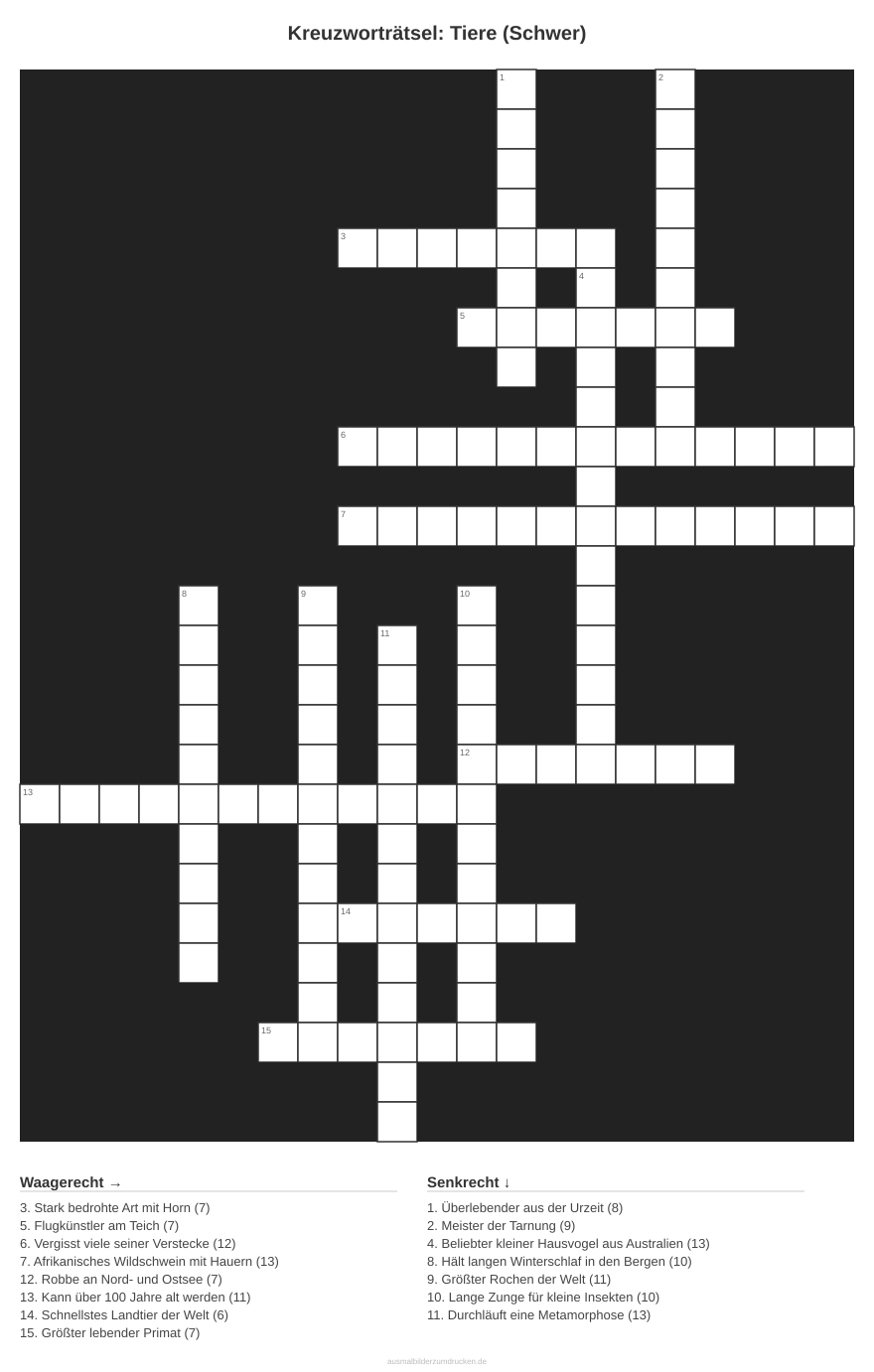 Kreuzworträtsel Kreuzworträtsel: Tiere (Schwer) aus der Kategorie Tiere - kostenlos ausdrucken