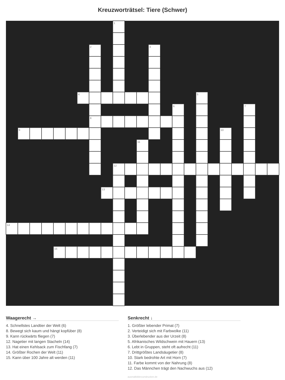 Kreuzworträtsel Kreuzworträtsel: Tiere (Schwer) aus der Kategorie Tiere - kostenlos ausdrucken