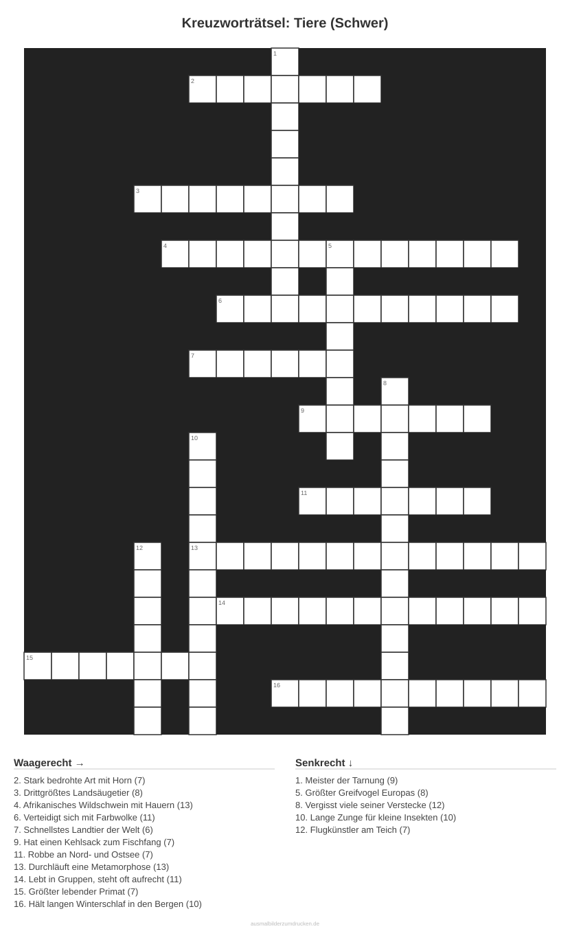 Kreuzworträtsel Kreuzworträtsel: Tiere (Schwer) aus der Kategorie Tiere - kostenlos ausdrucken