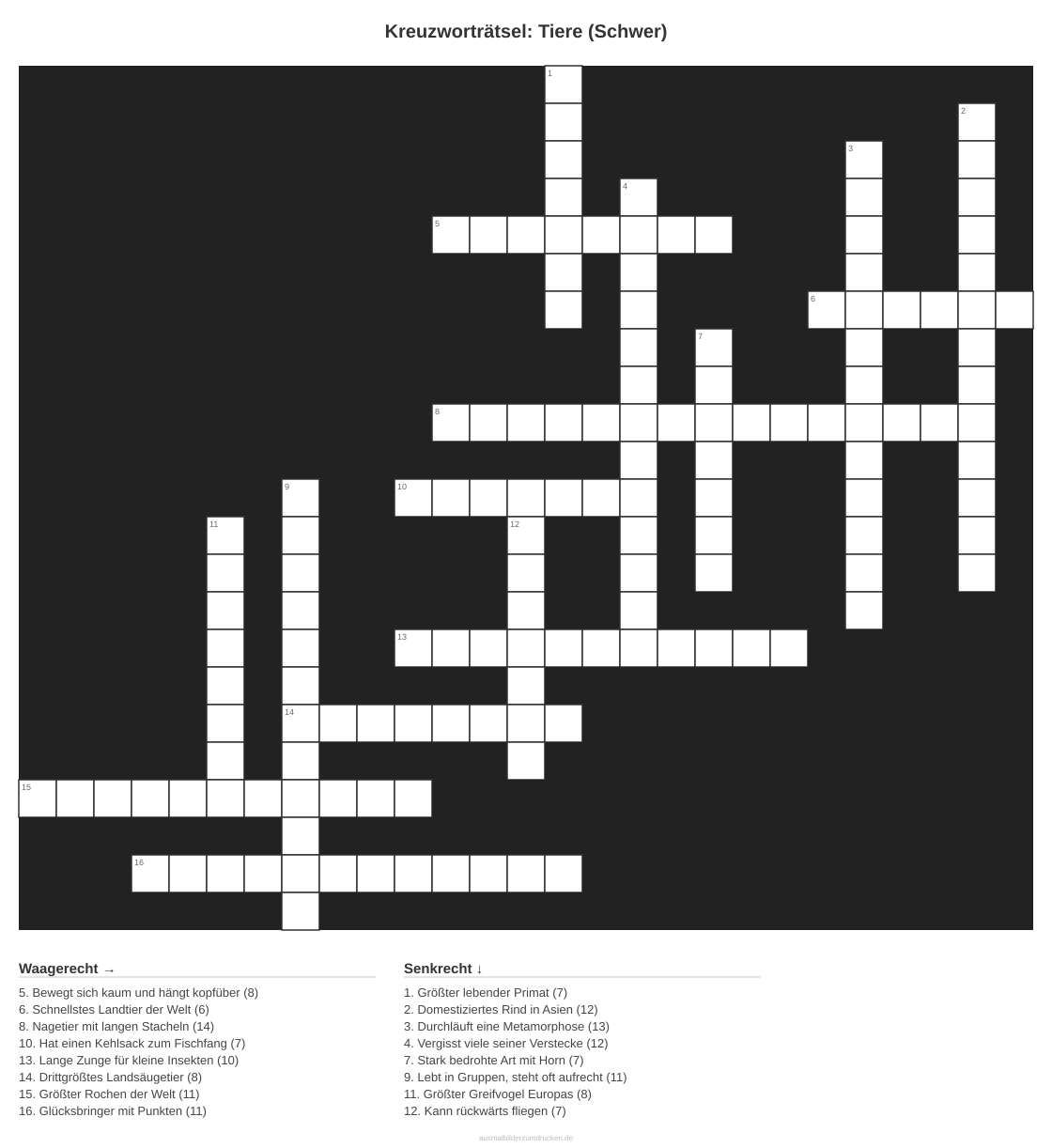 Kreuzworträtsel Kreuzworträtsel: Tiere (Schwer) aus der Kategorie Tiere - kostenlos ausdrucken