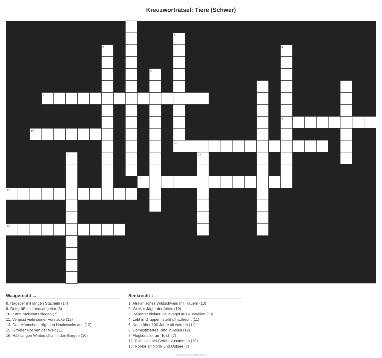 Kreuzworträtsel Kreuzworträtsel: Tiere (Schwer) aus der Kategorie Tiere - kostenlos ausdrucken