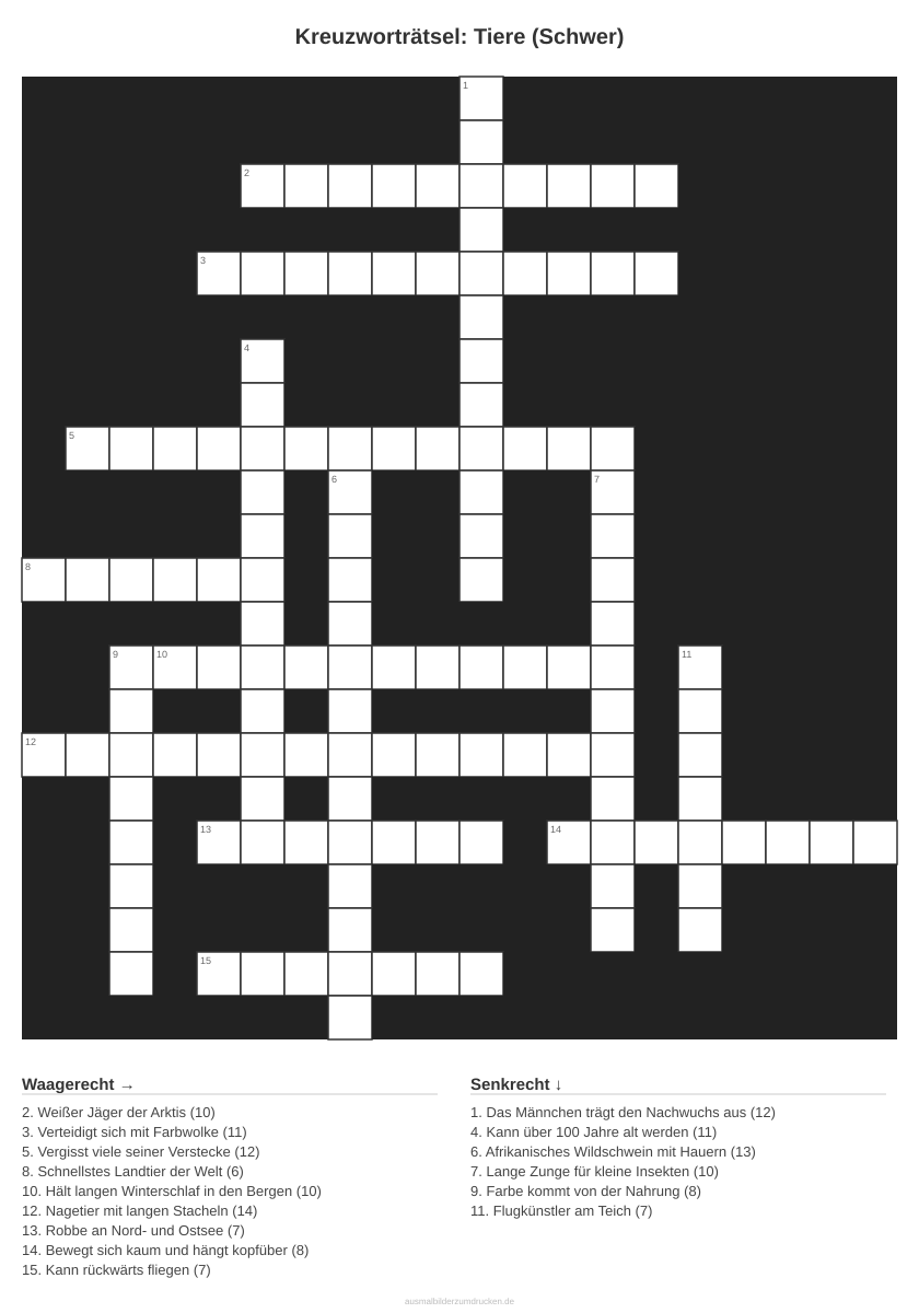 Kreuzworträtsel Kreuzworträtsel: Tiere (Schwer) aus der Kategorie Tiere - kostenlos ausdrucken