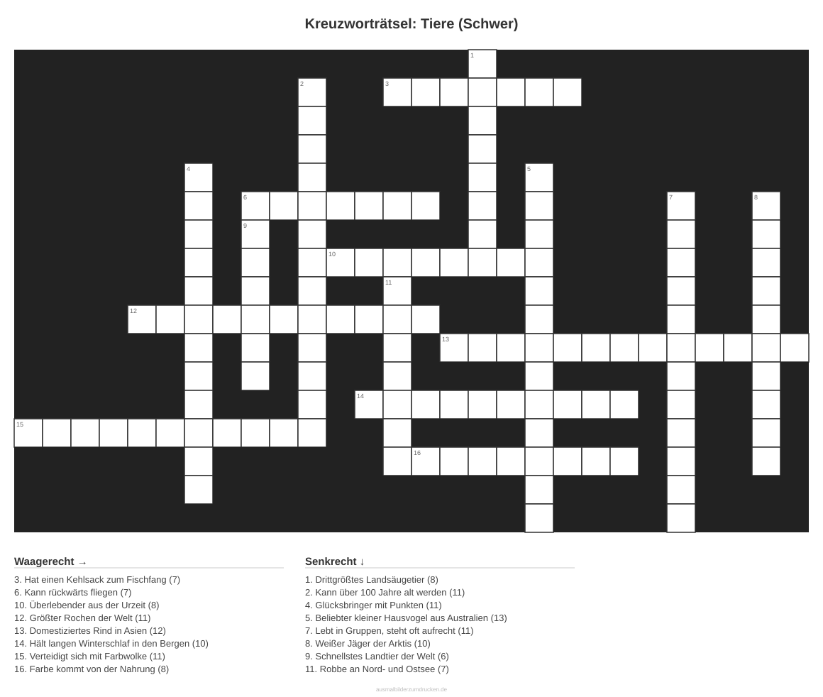 Kreuzworträtsel Kreuzworträtsel: Tiere (Schwer) aus der Kategorie Tiere - kostenlos ausdrucken