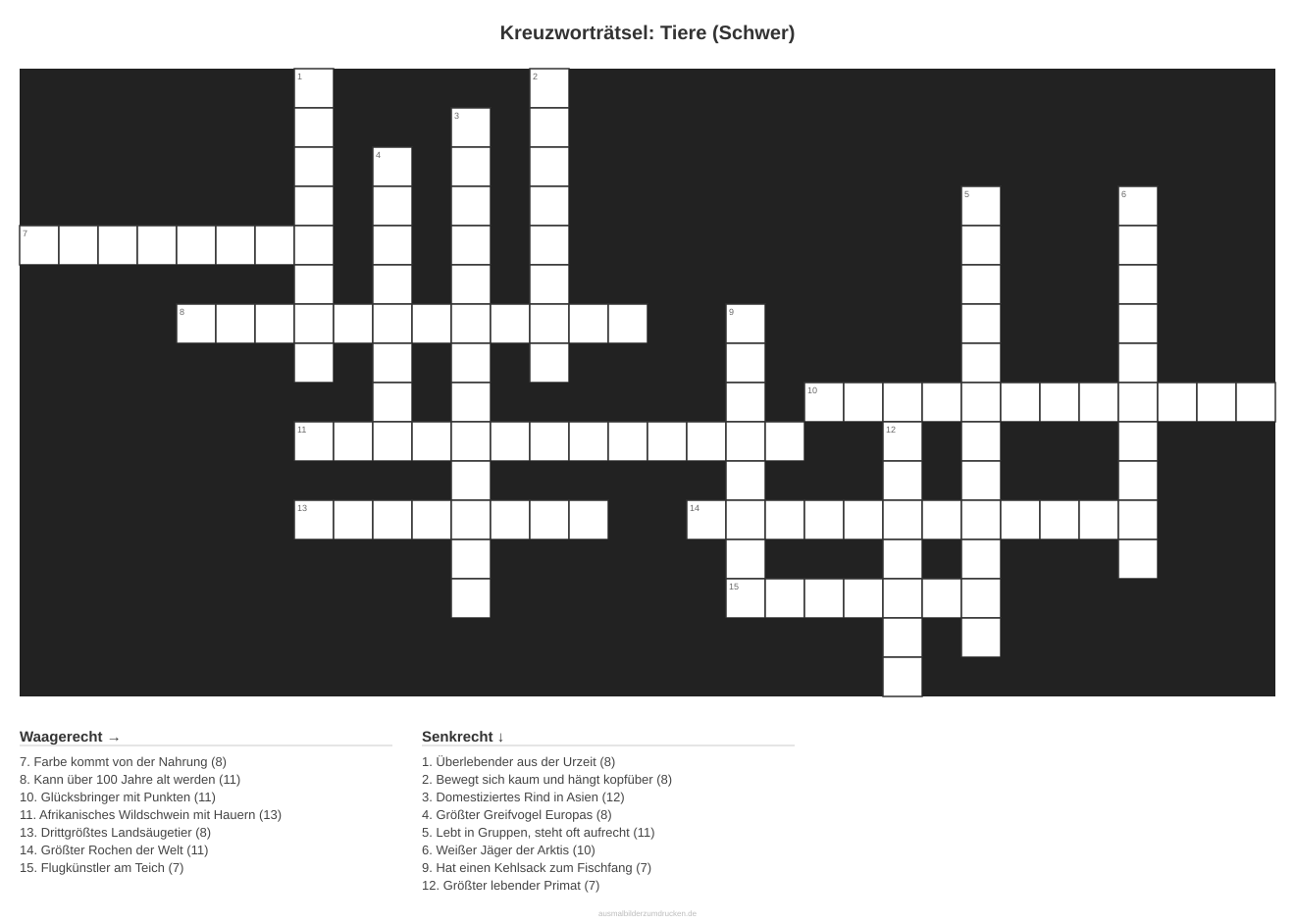 Kreuzworträtsel Kreuzworträtsel: Tiere (Schwer) aus der Kategorie Tiere - kostenlos ausdrucken