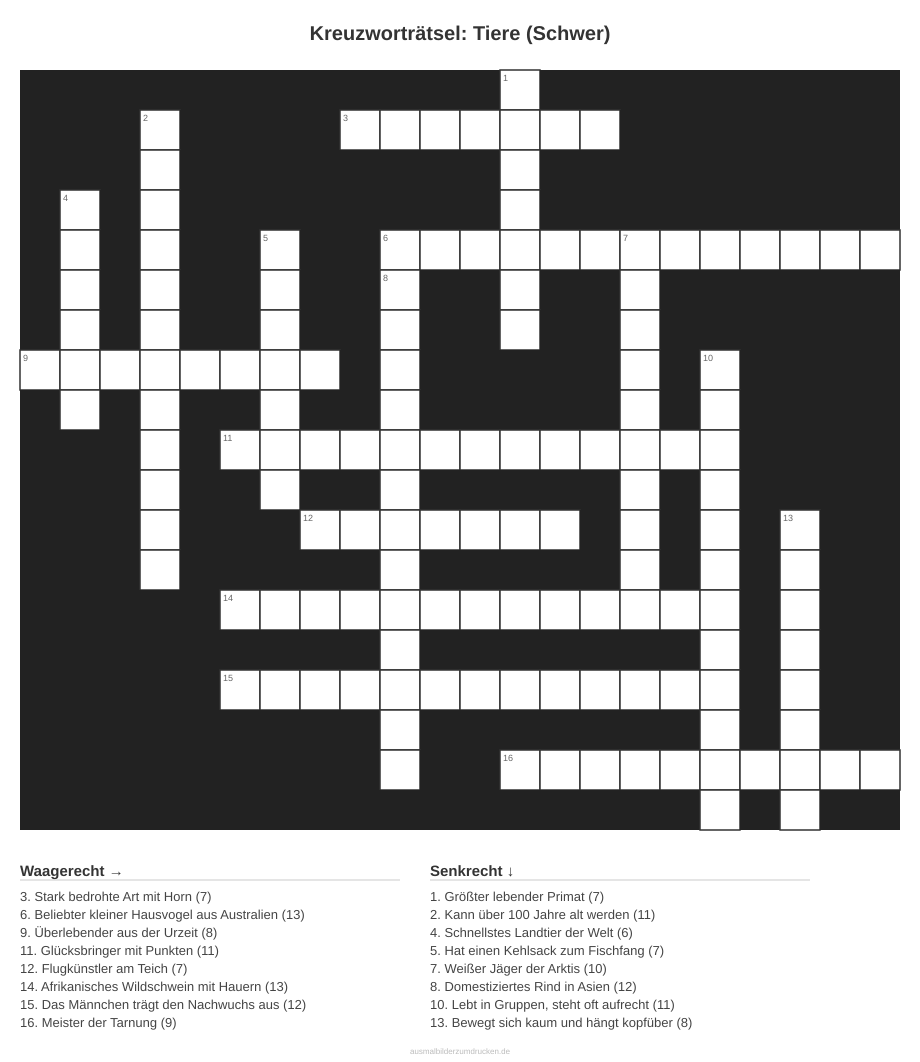 Kreuzworträtsel Kreuzworträtsel: Tiere (Schwer) aus der Kategorie Tiere - kostenlos ausdrucken