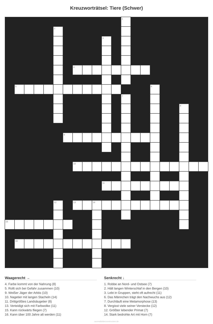 Kreuzworträtsel Kreuzworträtsel: Tiere (Schwer) aus der Kategorie Tiere - kostenlos ausdrucken
