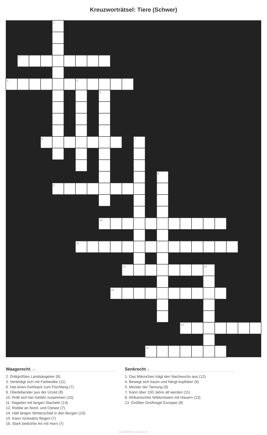 Kreuzworträtsel Kreuzworträtsel: Tiere (Schwer) aus der Kategorie Tiere - kostenlos ausdrucken