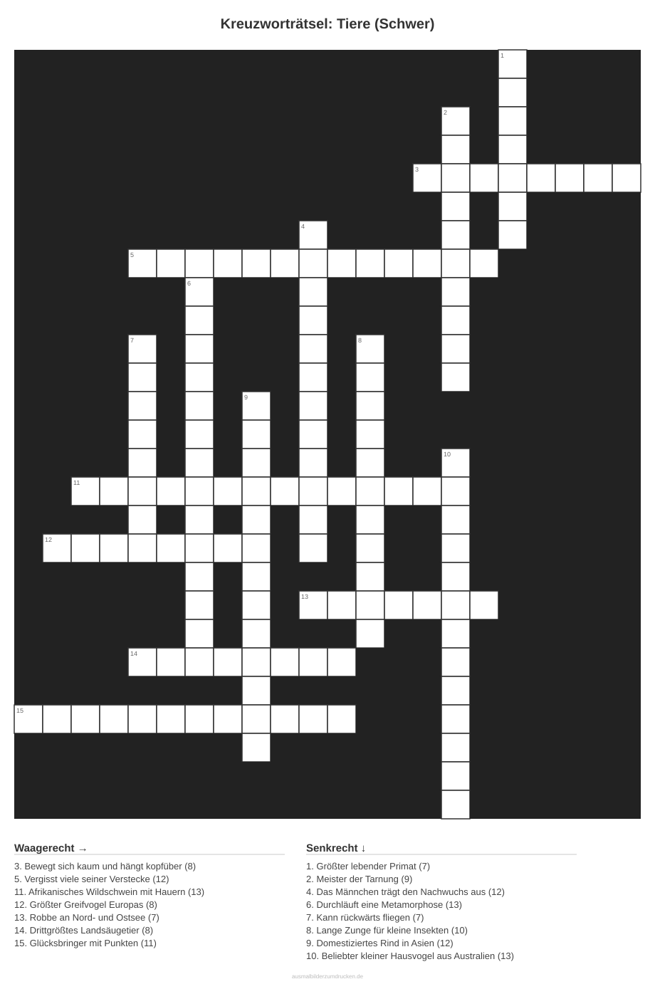 Kreuzworträtsel Kreuzworträtsel: Tiere (Schwer) aus der Kategorie Tiere - kostenlos ausdrucken