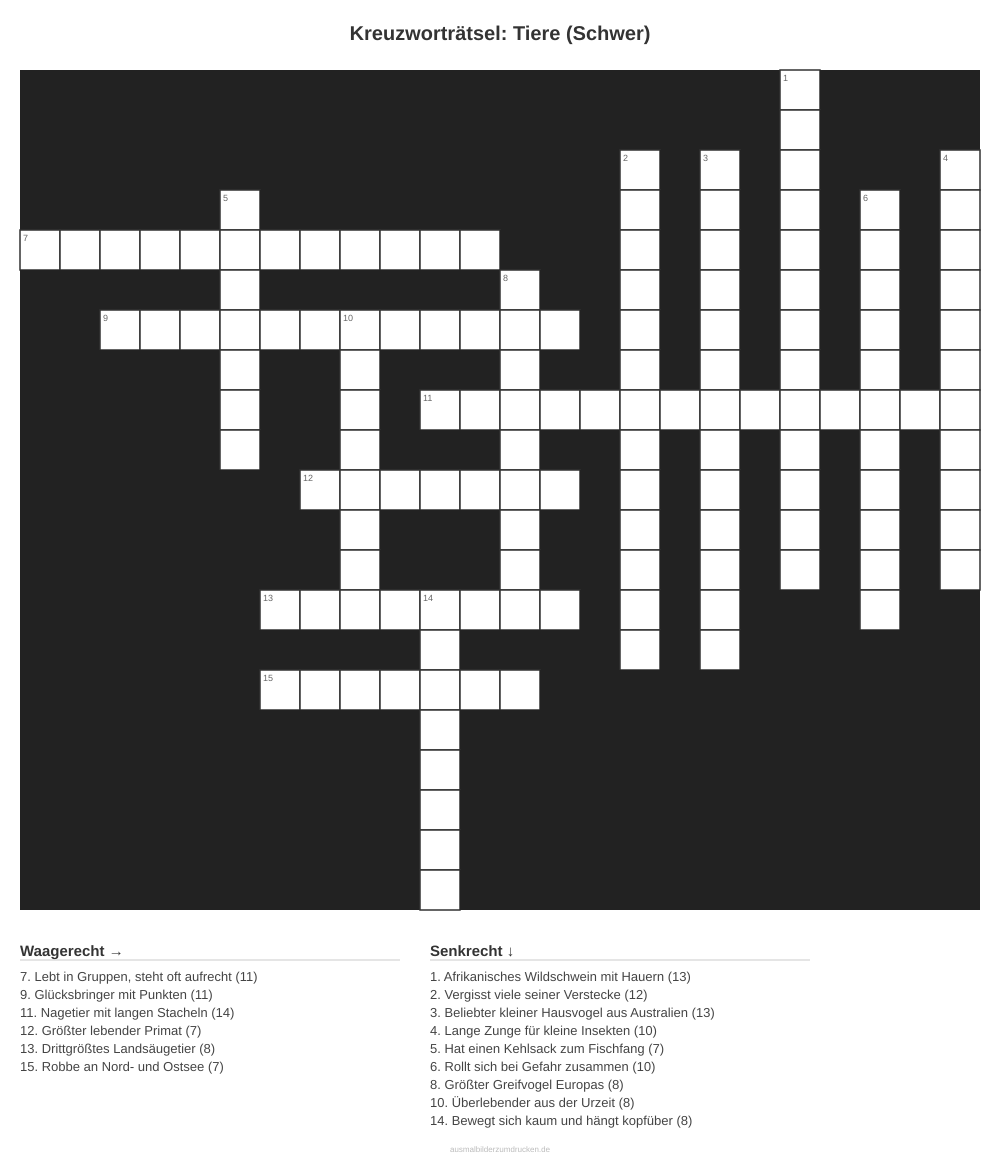 Kreuzworträtsel Kreuzworträtsel: Tiere (Schwer) aus der Kategorie Tiere - kostenlos ausdrucken