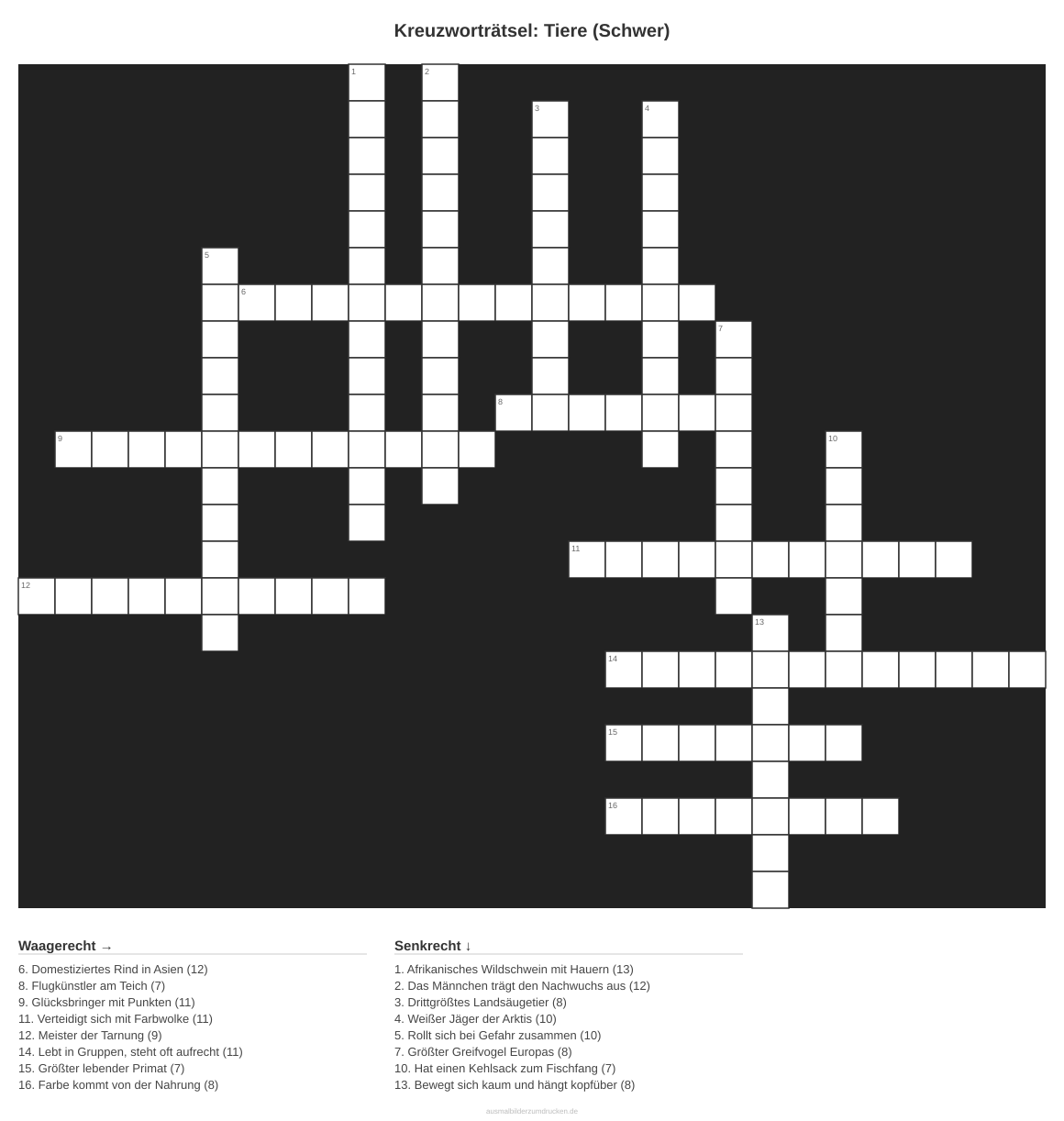 Kreuzworträtsel Kreuzworträtsel: Tiere (Schwer) aus der Kategorie Tiere - kostenlos ausdrucken