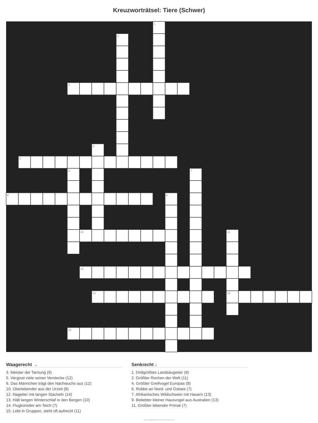 Kreuzworträtsel Kreuzworträtsel: Tiere (Schwer) aus der Kategorie Tiere - kostenlos ausdrucken