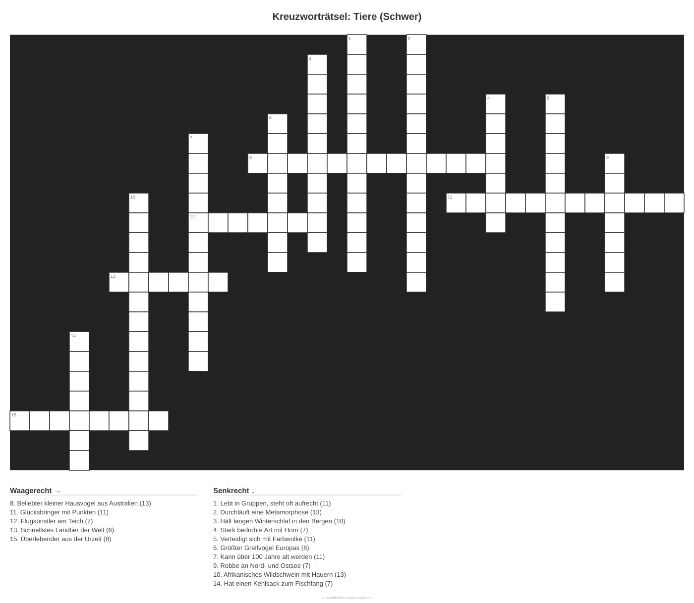 Kreuzworträtsel Kreuzworträtsel: Tiere (Schwer) aus der Kategorie Tiere - kostenlos ausdrucken