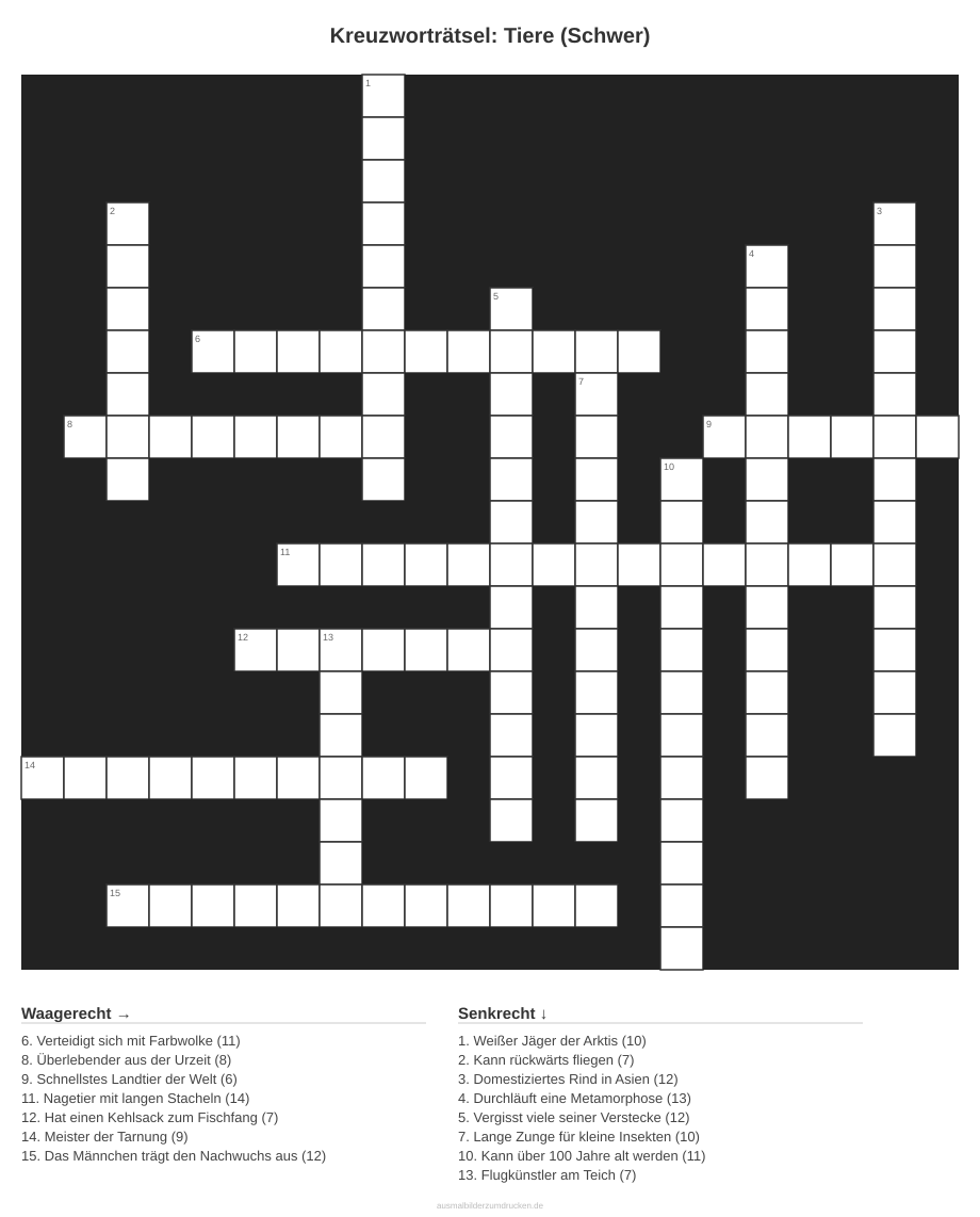 Kreuzworträtsel Kreuzworträtsel: Tiere (Schwer) aus der Kategorie Tiere - kostenlos ausdrucken