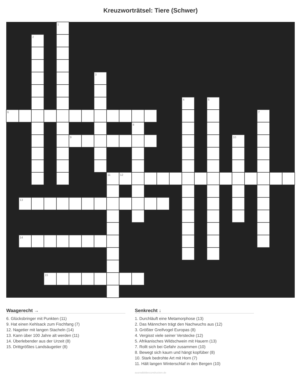 Kreuzworträtsel Kreuzworträtsel: Tiere (Schwer) aus der Kategorie Tiere - kostenlos ausdrucken