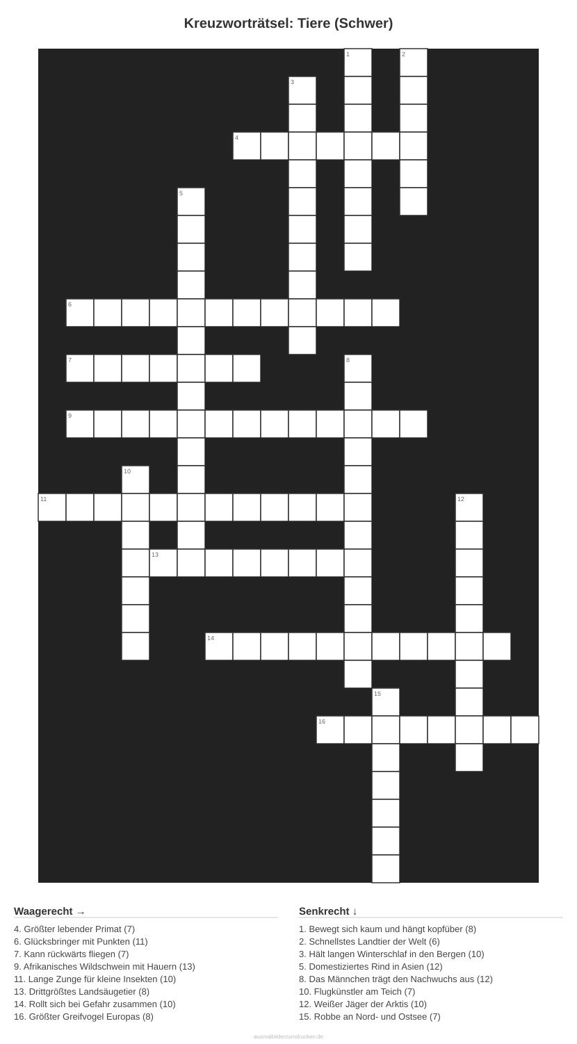 Kreuzworträtsel Kreuzworträtsel: Tiere (Schwer) aus der Kategorie Tiere - kostenlos ausdrucken