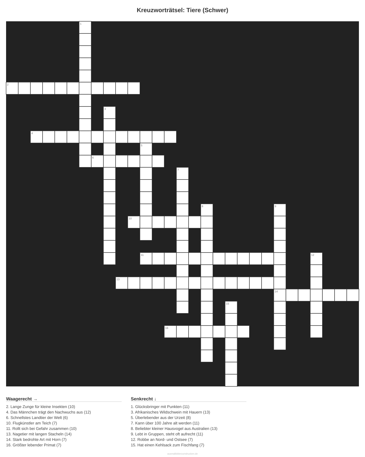 Kreuzworträtsel Kreuzworträtsel: Tiere (Schwer) aus der Kategorie Tiere - kostenlos ausdrucken