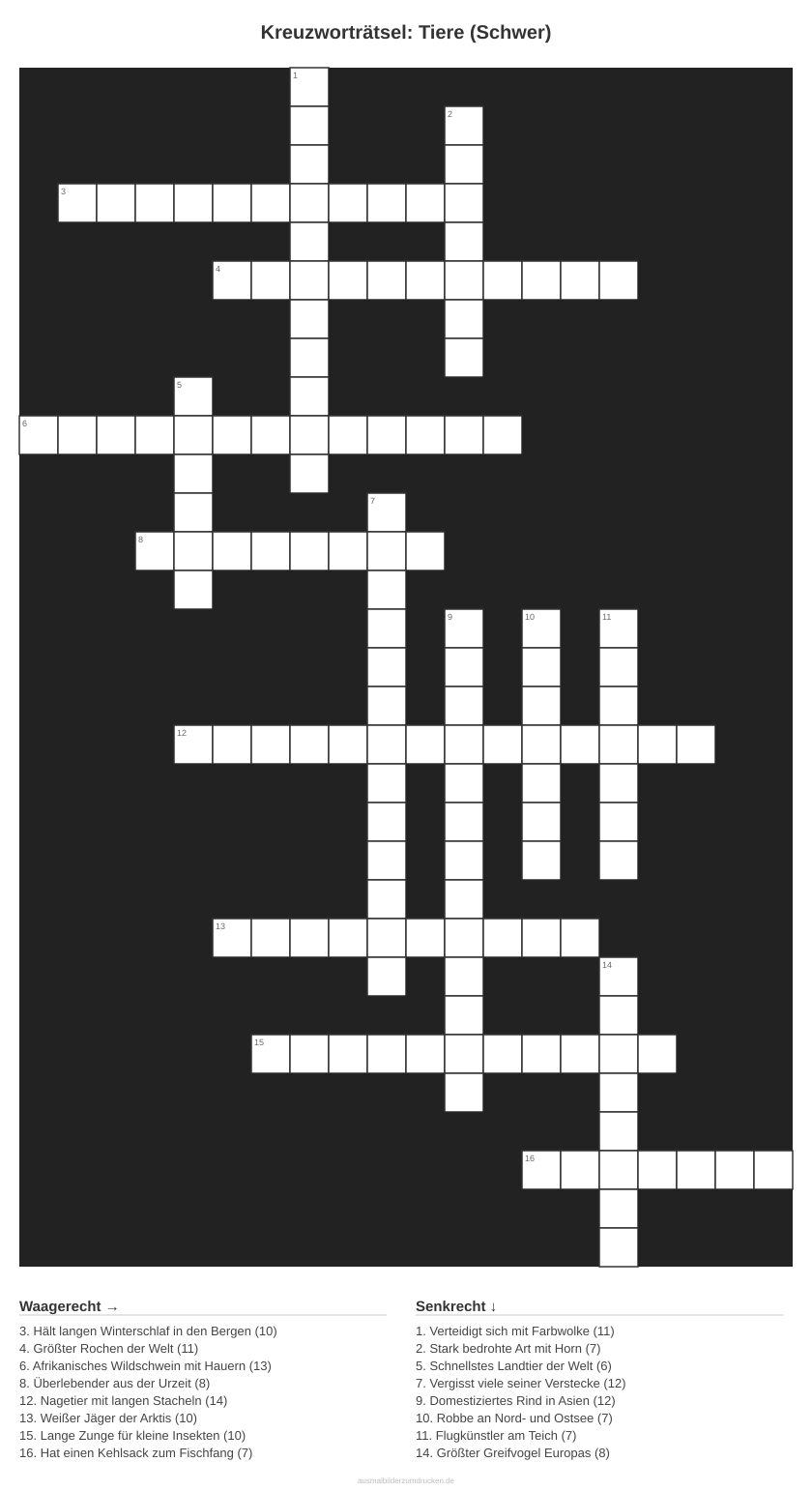 Kreuzworträtsel Kreuzworträtsel: Tiere (Schwer) aus der Kategorie Tiere - kostenlos ausdrucken