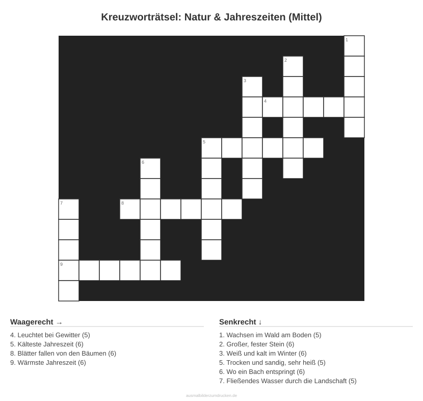 Kreuzworträtsel Kreuzworträtsel: Natur & Jahreszeiten (Mittel) aus der Kategorie Natur - kostenlos ausdrucken
