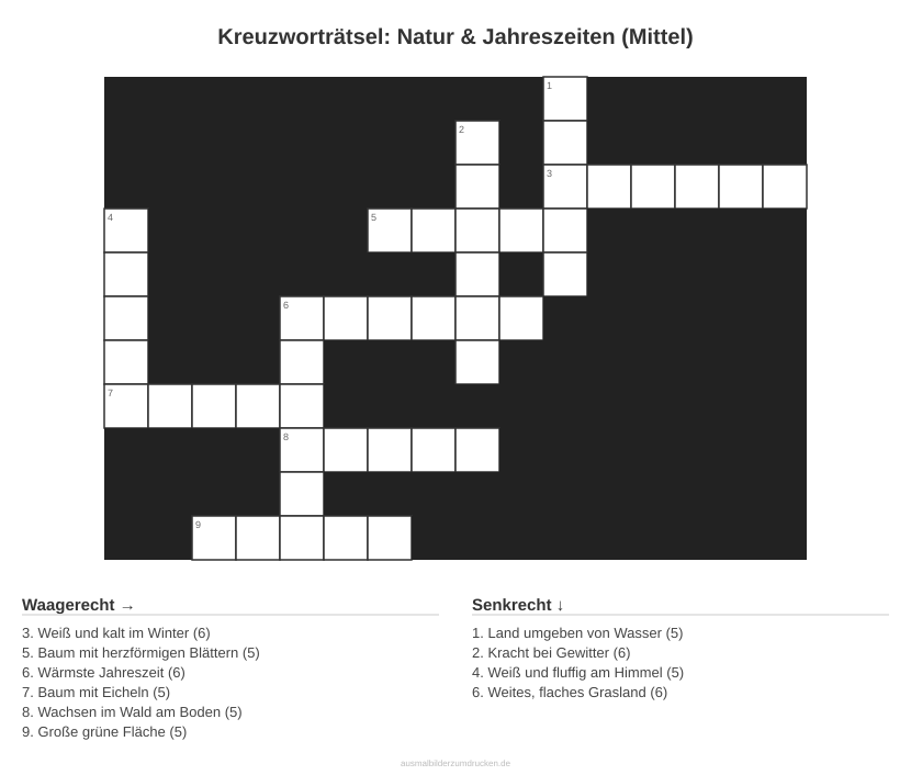 Kreuzworträtsel Kreuzworträtsel: Natur & Jahreszeiten (Mittel) aus der Kategorie Natur - kostenlos ausdrucken