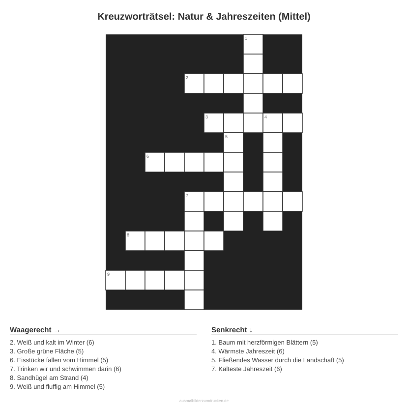 Kreuzworträtsel Kreuzworträtsel: Natur & Jahreszeiten (Mittel) aus der Kategorie Natur - kostenlos ausdrucken