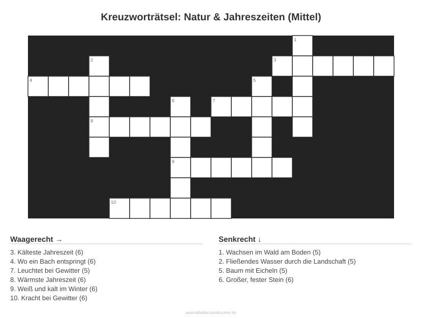 Kreuzworträtsel Kreuzworträtsel: Natur & Jahreszeiten (Mittel) aus der Kategorie Natur - kostenlos ausdrucken
