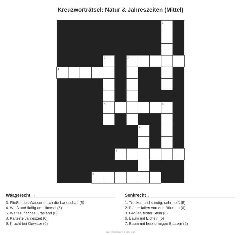 Kreuzworträtsel Kreuzworträtsel: Natur & Jahreszeiten (Mittel) aus der Kategorie Natur - kostenlos ausdrucken