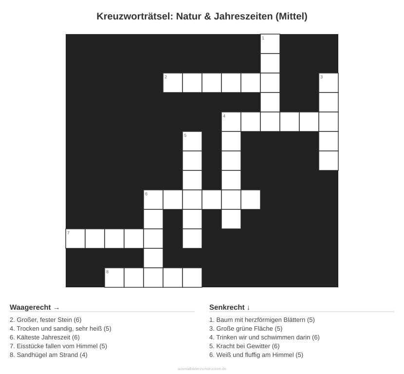 Kreuzworträtsel Kreuzworträtsel: Natur & Jahreszeiten (Mittel) aus der Kategorie Natur - kostenlos ausdrucken