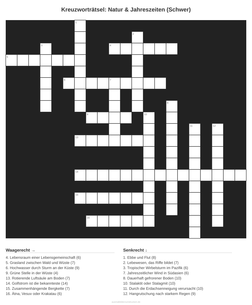 Kreuzworträtsel Kreuzworträtsel: Natur & Jahreszeiten (Schwer) aus der Kategorie Natur - kostenlos ausdrucken