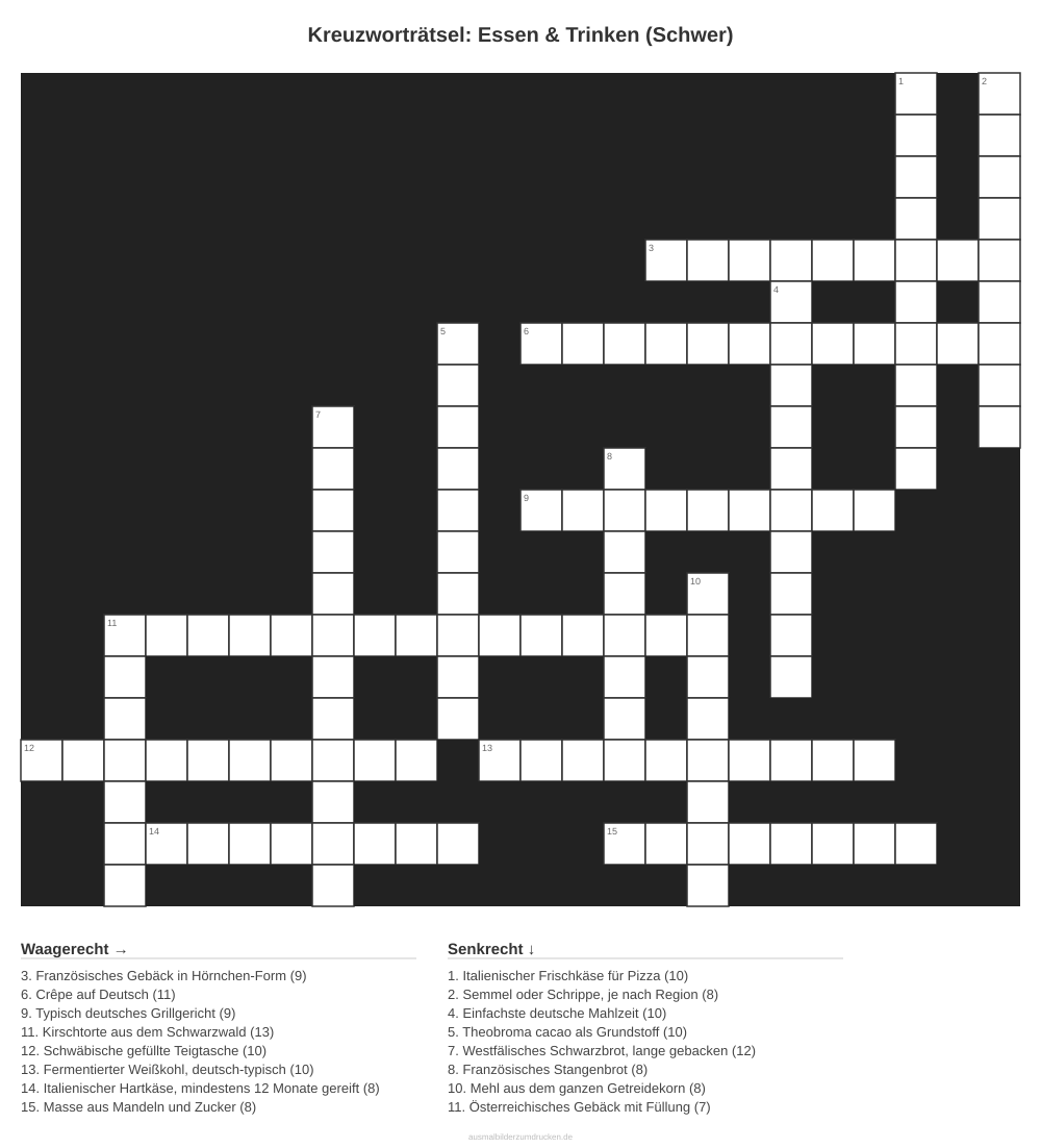 Kreuzworträtsel Kreuzworträtsel: Essen & Trinken (Schwer) aus der Kategorie Essen - kostenlos ausdrucken
