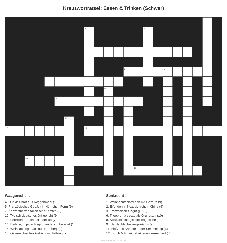 Kreuzworträtsel Kreuzworträtsel: Essen & Trinken (Schwer) aus der Kategorie Essen - kostenlos ausdrucken