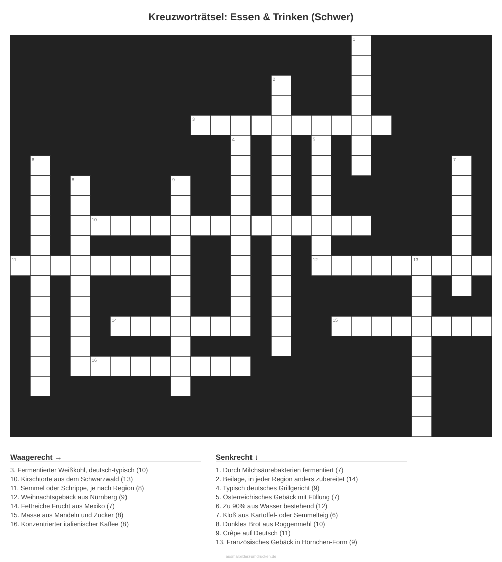 Kreuzworträtsel Kreuzworträtsel: Essen & Trinken (Schwer) aus der Kategorie Essen - kostenlos ausdrucken