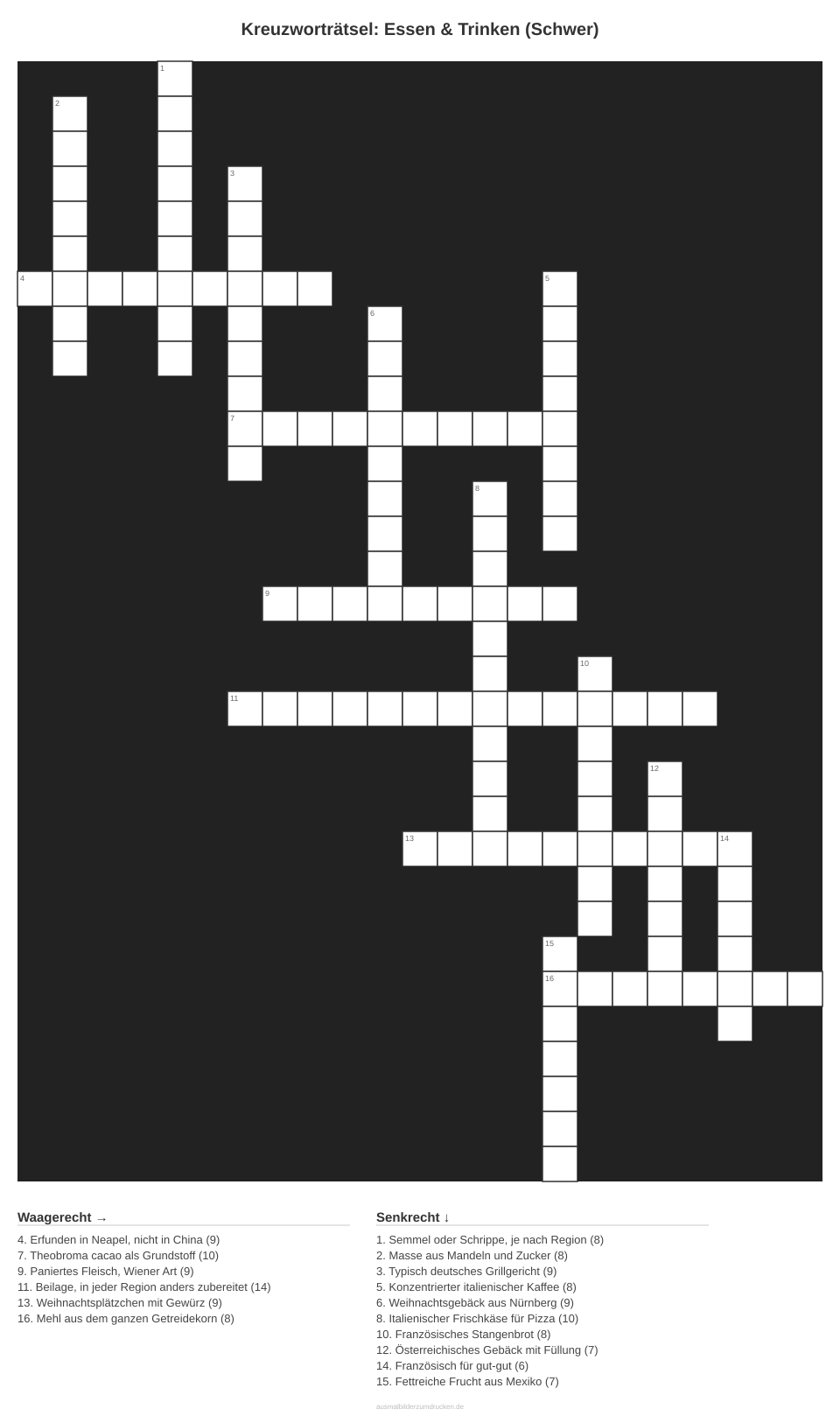 Kreuzworträtsel Kreuzworträtsel: Essen & Trinken (Schwer) aus der Kategorie Essen - kostenlos ausdrucken