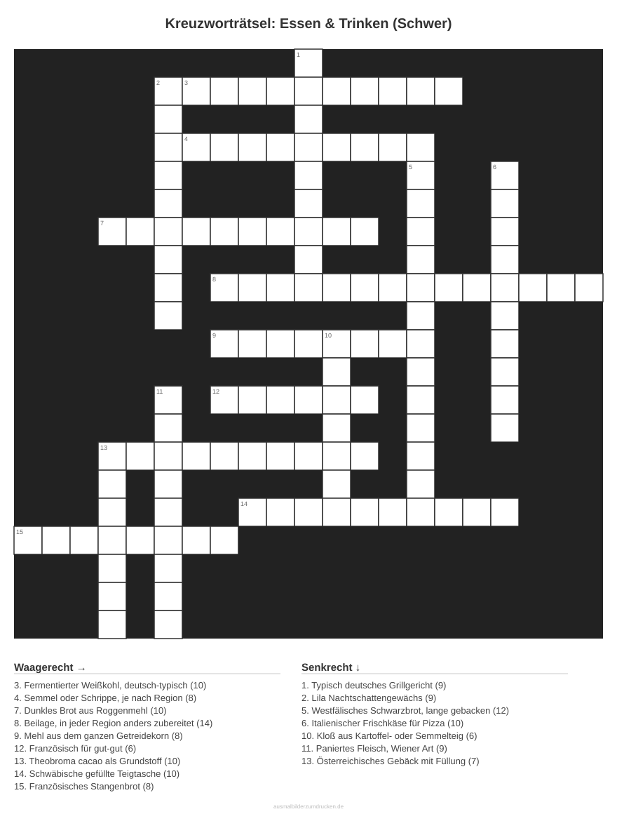 Kreuzworträtsel Kreuzworträtsel: Essen & Trinken (Schwer) aus der Kategorie Essen - kostenlos ausdrucken
