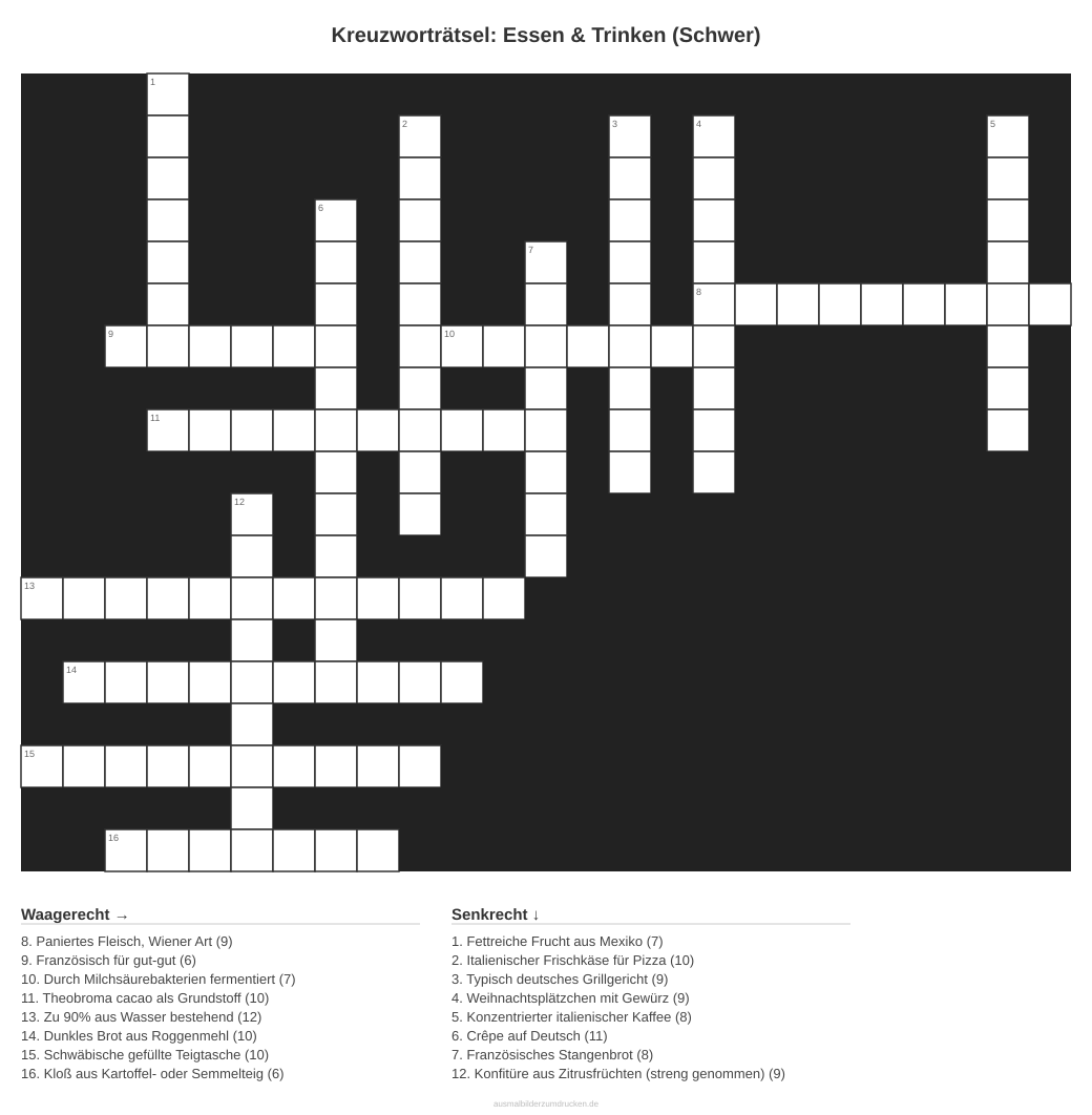 Kreuzworträtsel Kreuzworträtsel: Essen & Trinken (Schwer) aus der Kategorie Essen - kostenlos ausdrucken