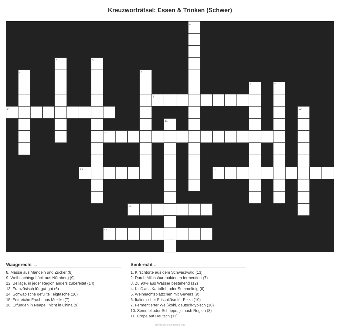 Kreuzworträtsel Kreuzworträtsel: Essen & Trinken (Schwer) aus der Kategorie Essen - kostenlos ausdrucken