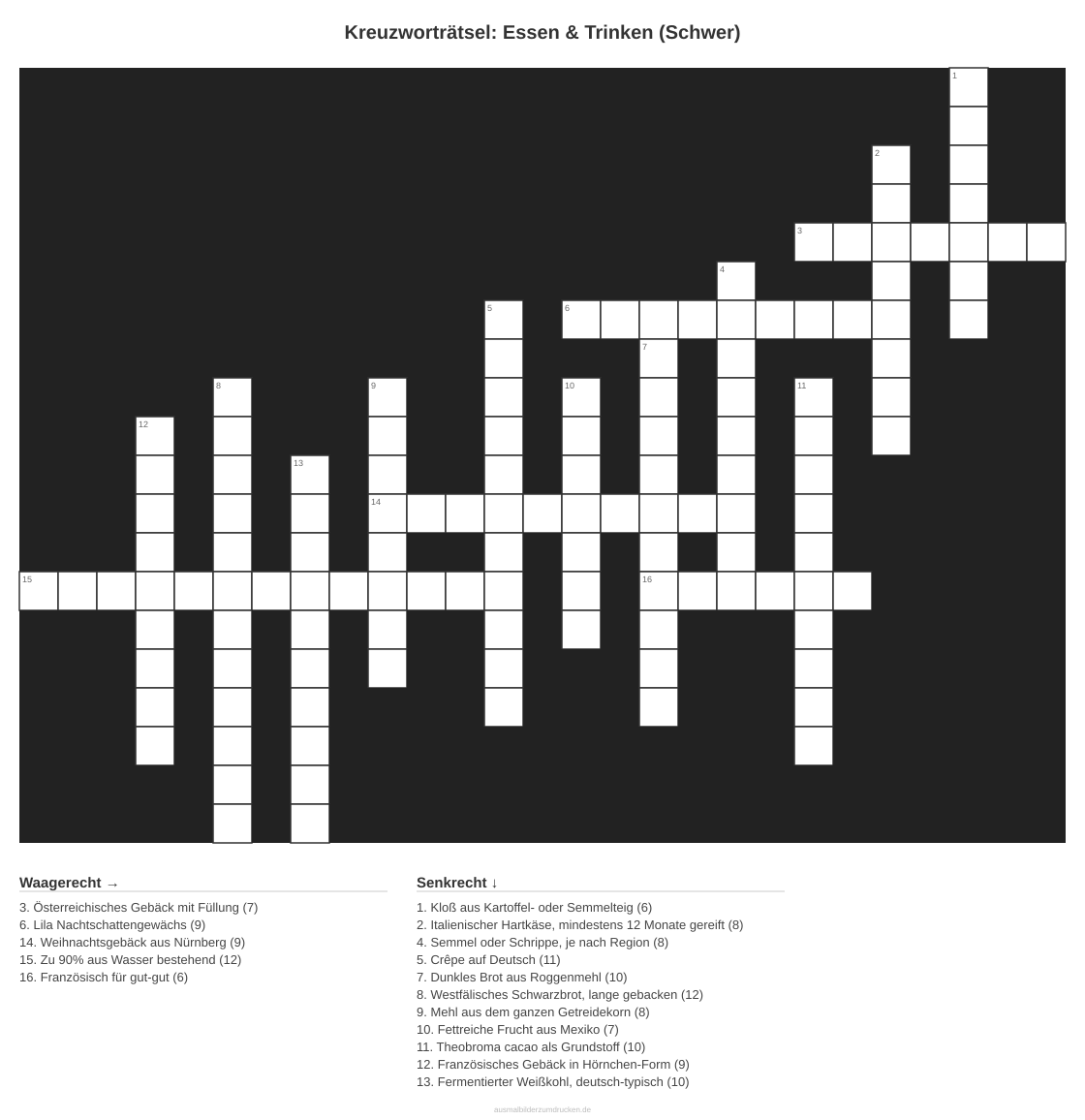 Kreuzworträtsel Kreuzworträtsel: Essen & Trinken (Schwer) aus der Kategorie Essen - kostenlos ausdrucken