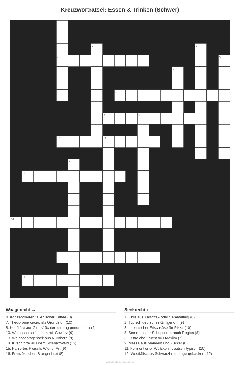 Kreuzworträtsel Kreuzworträtsel: Essen & Trinken (Schwer) aus der Kategorie Essen - kostenlos ausdrucken