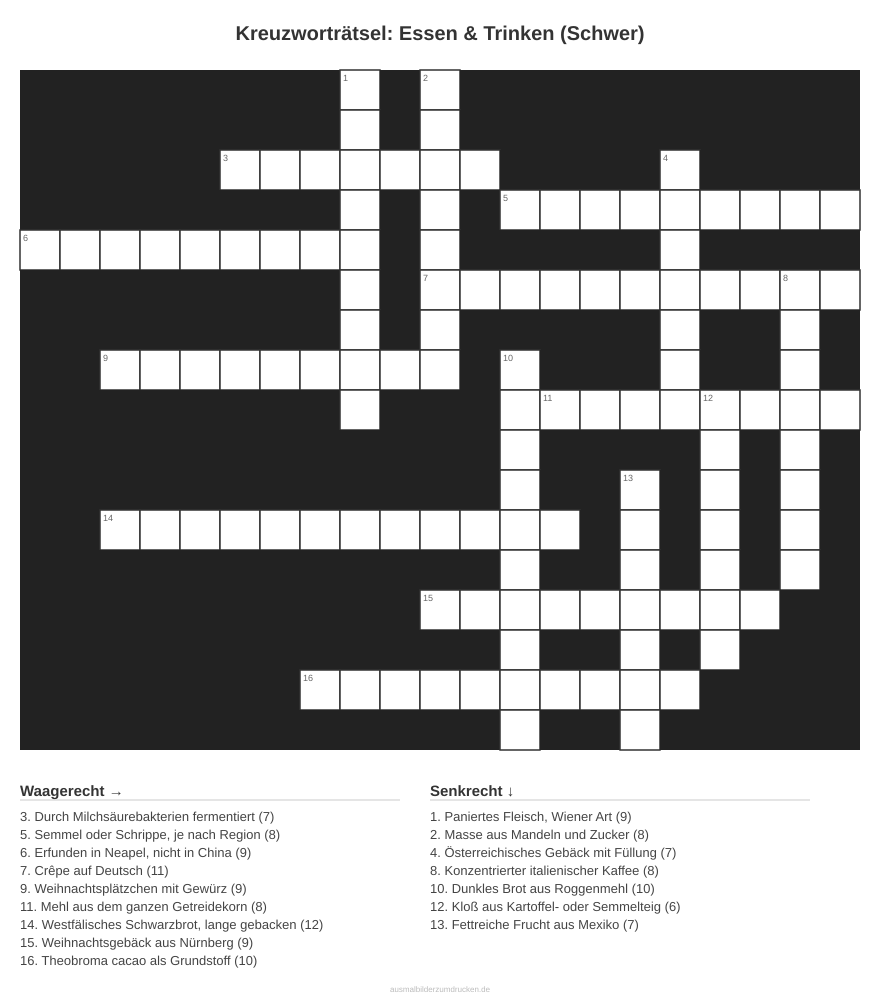 Kreuzworträtsel Kreuzworträtsel: Essen & Trinken (Schwer) aus der Kategorie Essen - kostenlos ausdrucken