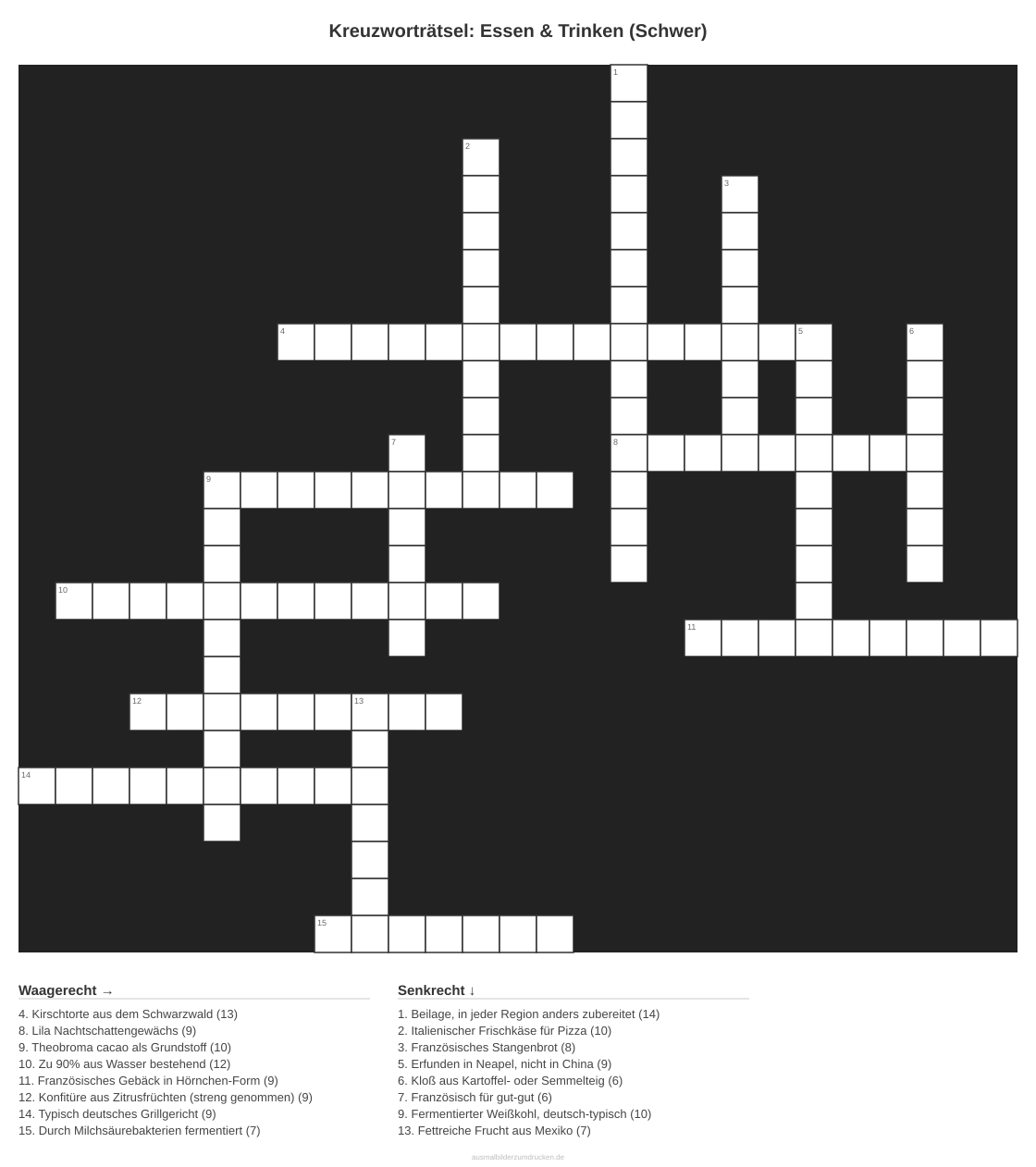 Kreuzworträtsel Kreuzworträtsel: Essen & Trinken (Schwer) aus der Kategorie Essen - kostenlos ausdrucken