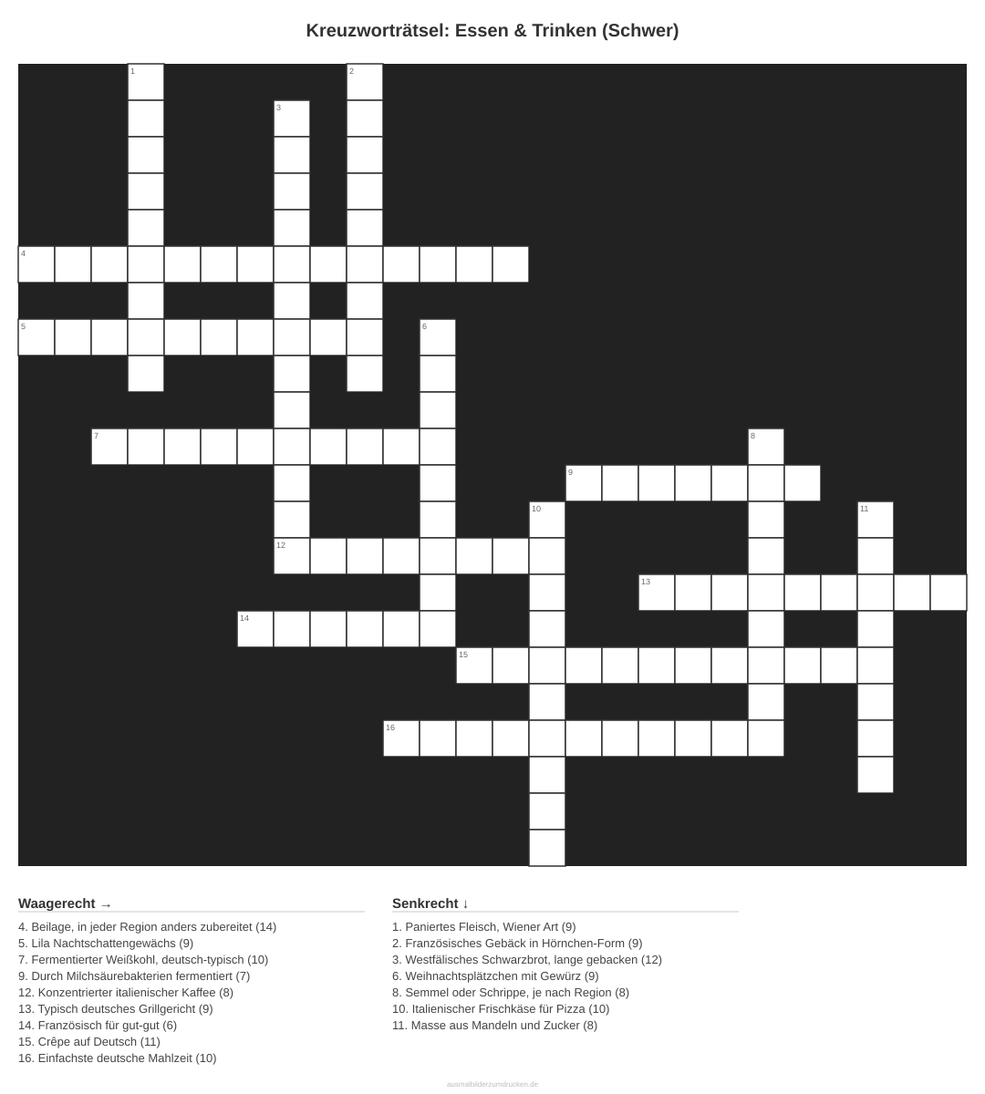 Kreuzworträtsel Kreuzworträtsel: Essen & Trinken (Schwer) aus der Kategorie Essen - kostenlos ausdrucken