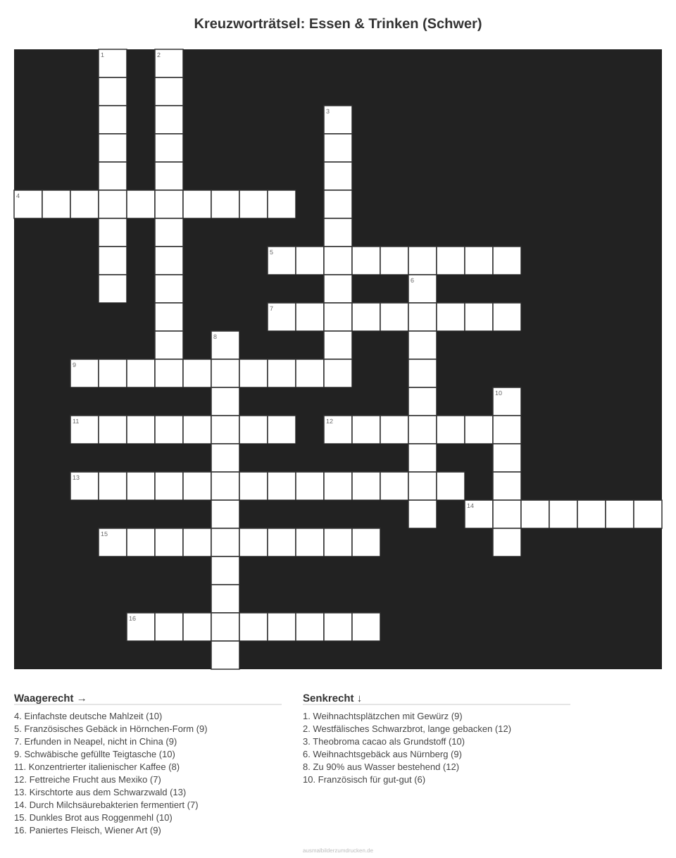 Kreuzworträtsel Kreuzworträtsel: Essen & Trinken (Schwer) aus der Kategorie Essen - kostenlos ausdrucken