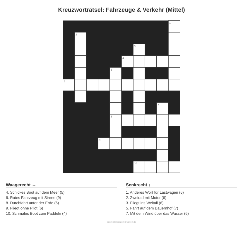 Kreuzworträtsel Kreuzworträtsel: Fahrzeuge & Verkehr (Mittel) aus der Kategorie Fahrzeuge - kostenlos ausdrucken