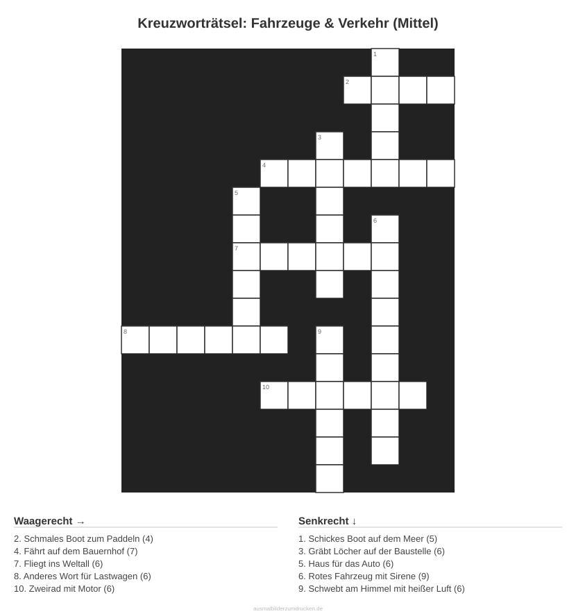 Kreuzworträtsel Kreuzworträtsel: Fahrzeuge & Verkehr (Mittel) aus der Kategorie Fahrzeuge - kostenlos ausdrucken