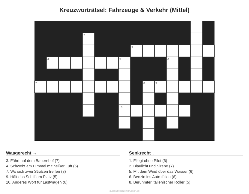 Kreuzworträtsel Kreuzworträtsel: Fahrzeuge & Verkehr (Mittel) aus der Kategorie Fahrzeuge - kostenlos ausdrucken