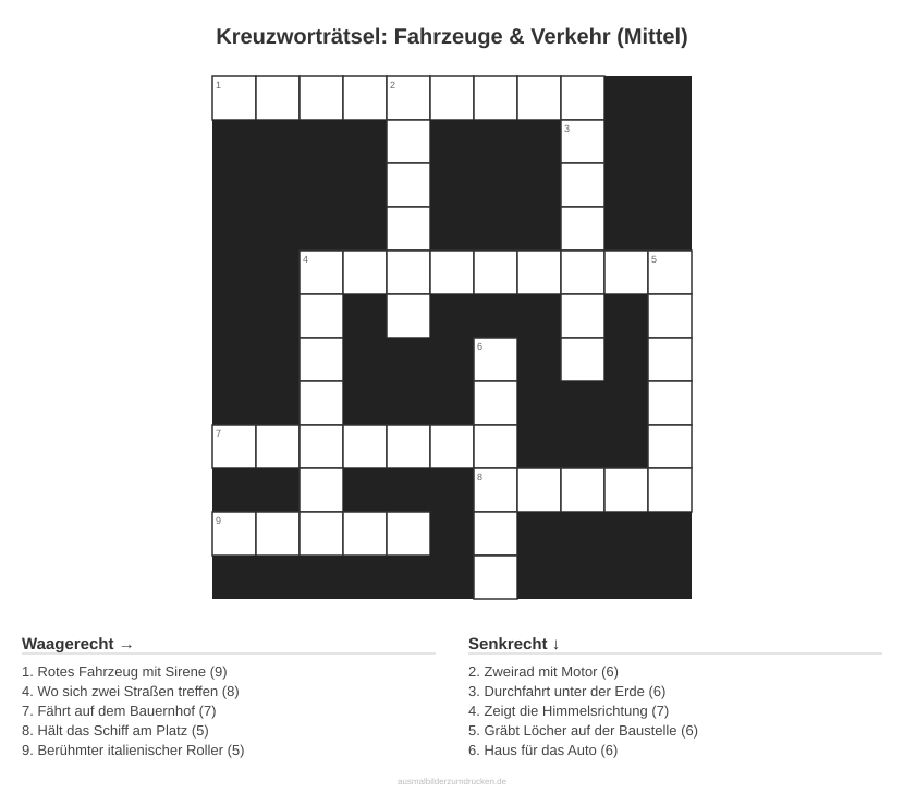 Kreuzworträtsel Kreuzworträtsel: Fahrzeuge & Verkehr (Mittel) aus der Kategorie Fahrzeuge - kostenlos ausdrucken